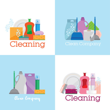 Four banners, cleaning. Square banners with items for cleaning. Flat background light.のイラスト素材