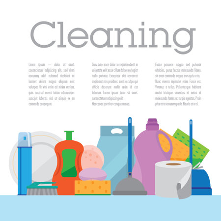 Template cleaning. Square banners with items for cleaning. Flat background light.のイラスト素材