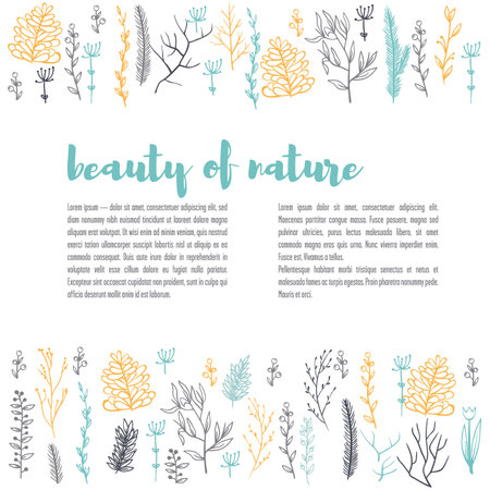 The publishing template is decorated with branches of plants. Contains many different branches plants with leaves, berries and flowers.のイラスト素材