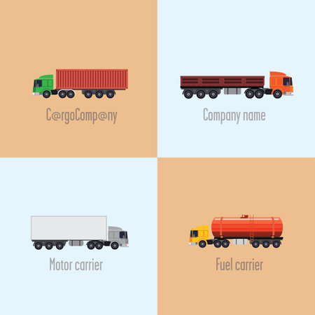 Four banners with different trucks. Freight cars in the center of each banner.のイラスト素材