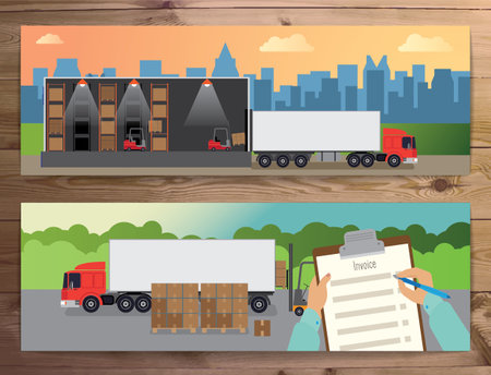 Two banners on the logistics. It contains  warehouse racking and forklifts and acceptance of cargo documents.のイラスト素材