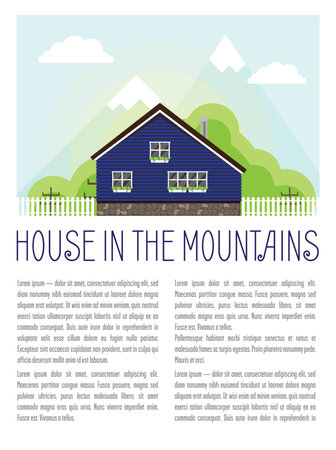 Layout with a house in the mountains. Holiday house at the top of the layout. Space for the title and text.のイラスト素材