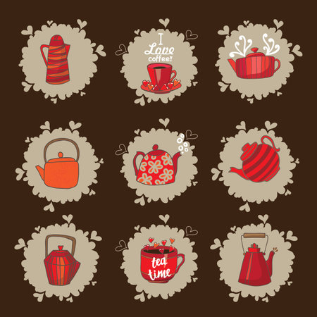 Set of teapots and mugs. Done in red color scheme. Kettles hand drawing. Cups and kettles are available on beige spots. Background brown.のイラスト素材