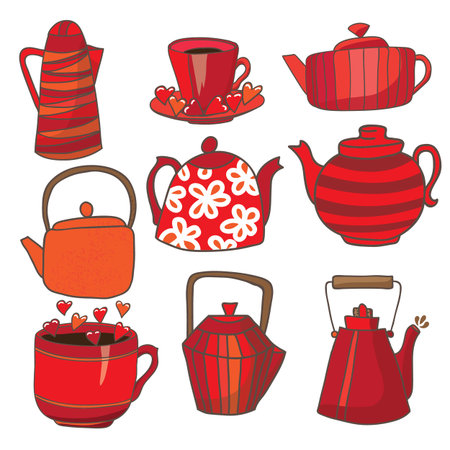 Set of teapots and mugs. Done in red color scheme. Kettles hand drawing. Background white.のイラスト素材
