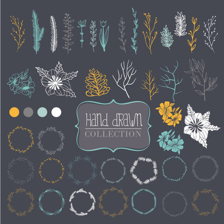 Large collection of items for decoration.It includes branches, wreaths, flowers and leaves. Hand drawing. Dark gray background.のイラスト素材