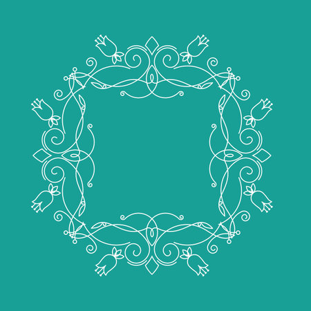 Monogram frame.It consists of lines of different types of spirals, curves, intersections. Background blue, white monogram.のイラスト素材