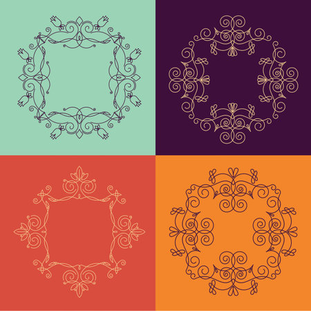 Collection of four monograms.  colorful monogram on a colorful background. Monogram of lines, curves, intersections resemble the branches of plants.のイラスト素材