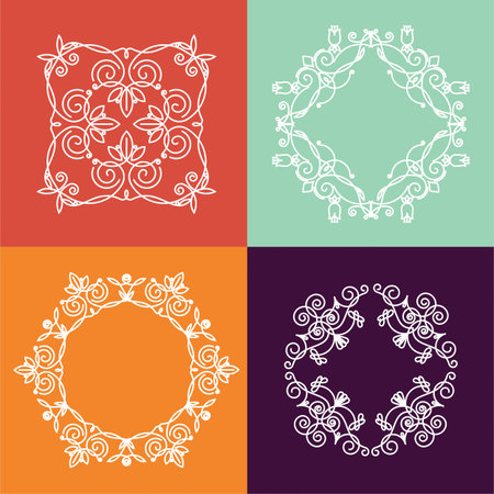 Collection of four monograms. White monogram on a colorful background. Monogram of lines, curves, intersections resemble the branches of plants.のイラスト素材