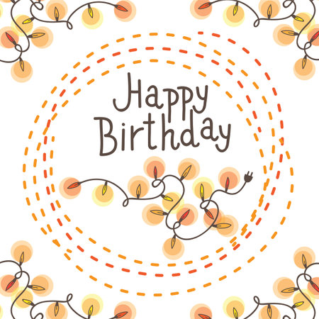 ?ard happy birthday. It contains garland with lights. Light bulbs glow. There is an inscription "Happy Birthday"のイラスト素材