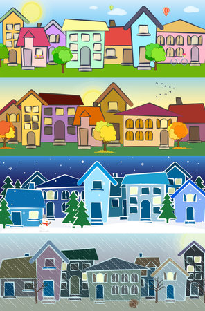 Seasons. Summer, autumn, winter, spring. Weather. Vector illustrationのイラスト素材