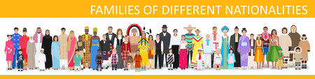 Families of different nationalities in costumes, detailed drawing, vector illustrationのイラスト素材