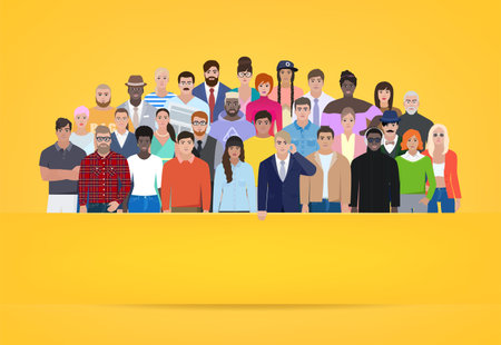 Group of people on yellow background, space for advertising, vector illustrationのイラスト素材