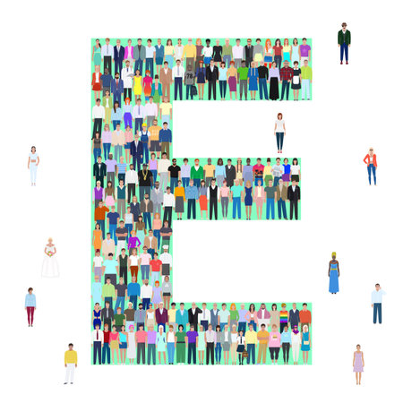 Letter E, group of people, different people, vector illustrationのイラスト素材
