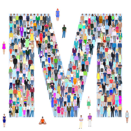 Letter M, group of people, different people, vector illustrationのイラスト素材