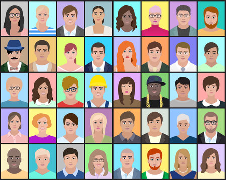 Portraits of people on a colorful background, detailed drawing, vector illustrationのイラスト素材
