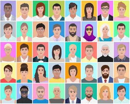 Many portraits of people, colourful background, vector illustrationのイラスト素材