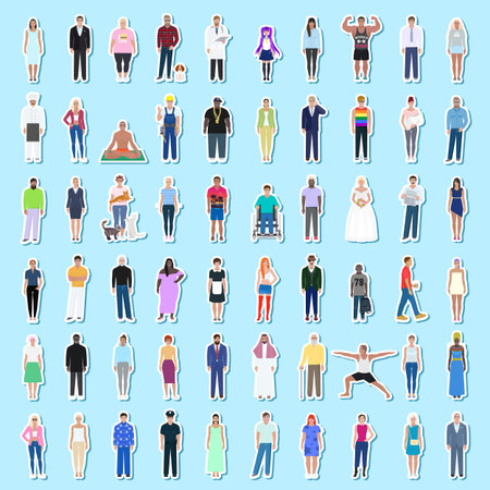 People stickers set vector illustration on blue background.のイラスト素材