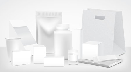 Different types of packaging. Black and white, pattern, volume. vector illustrationのイラスト素材