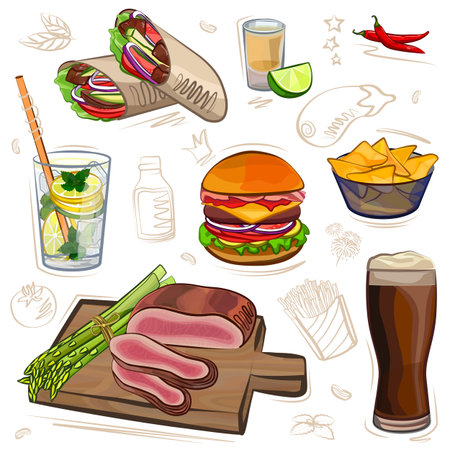 Set of different meat dishes, watercolor vector illustrationのイラスト素材