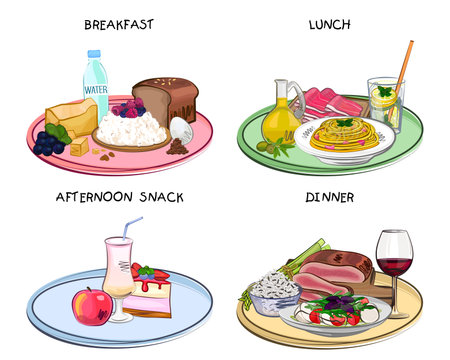 Meal times, Breakfast, lunch, dinner, afternoon snack, meal set, different dishes, vector illustrationのイラスト素材