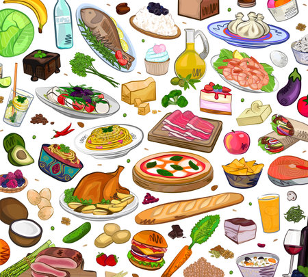 Hand drawn food on white background, vector Illustratorのイラスト素材