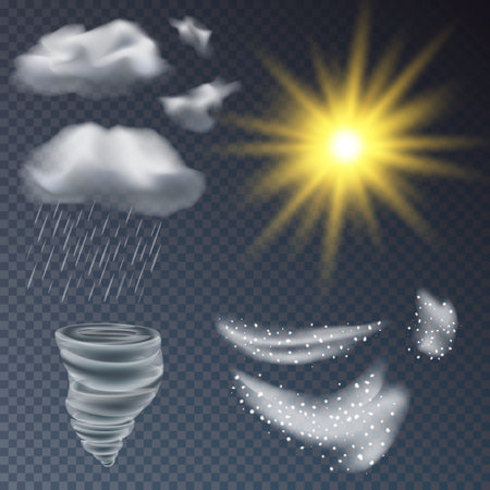 Set of different precipitation, sun tornado Blizzard lightning cloud, vector illustrationのイラスト素材