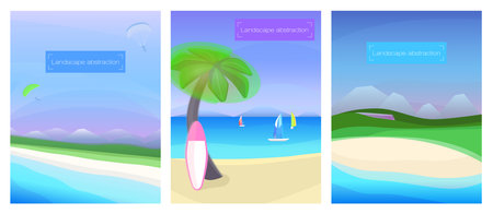 Summer sea landscape, sea, mountain, beach, holiday vacation travel background vector illustrationのイラスト素材