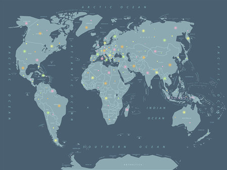World map geolocation, bright points, arrival, vector illustrationのイラスト素材
