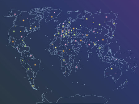 World map silhouette, space, points on the map, geolocation, vector illustrationのイラスト素材