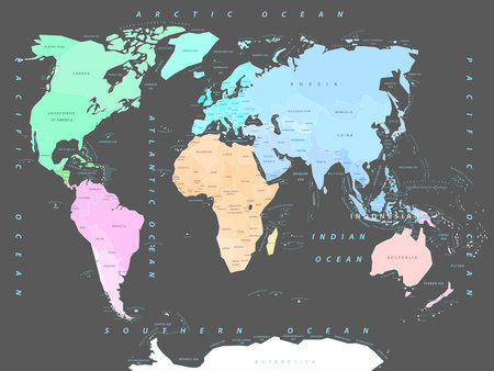 World map with names of countries, seas, oceans, colorful continents on a gray background, vector illustrationのイラスト素材