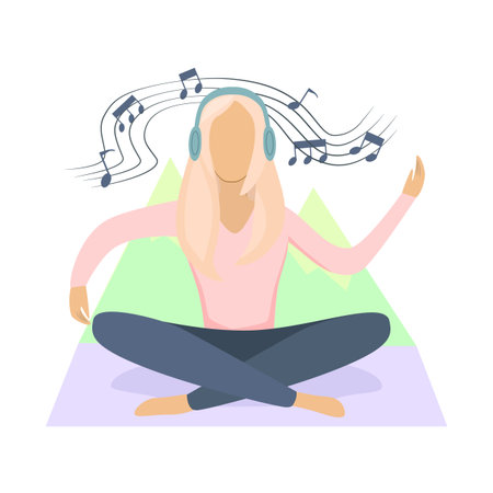 Girl listening to music, meditating, vector illustrationのイラスト素材