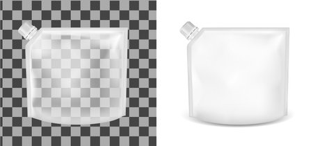 Transparent empty plastic packaging with cap. Blank foil sachet for food or drink.のイラスト素材