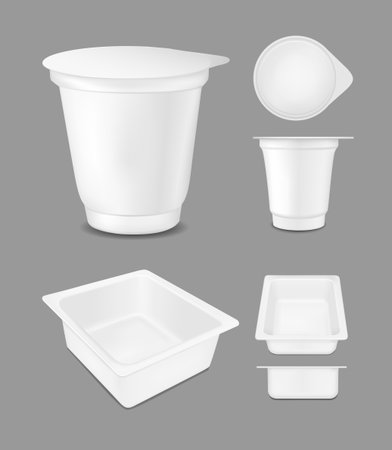 White empty plastic container for yogurt. Packaging for cheese, sauce and snack.のイラスト素材