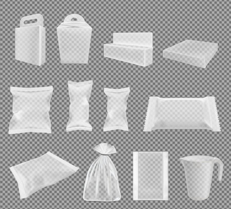 Transparent packaging for snacks, food, chips, sugar and spices. Big vector set.のイラスト素材