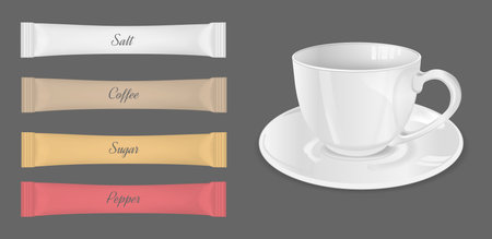 Colorful disposable packaging for snacks, food, sugar and spices. Glass cup with saucer.のイラスト素材