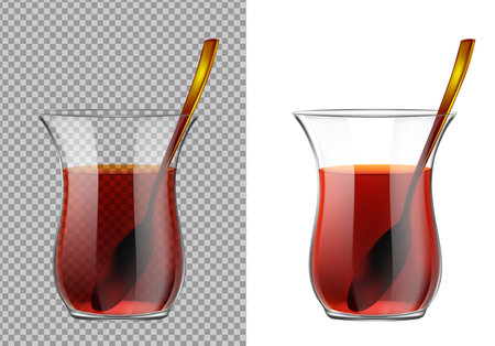 Turkish tea cup with black tea and gold spoon.のイラスト素材