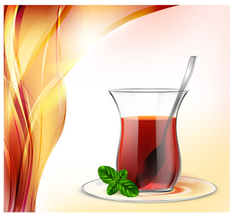 Turkish tea cup with black tea, silver spoon and mint on red waves background. Tea illustration for advertising.のイラスト素材