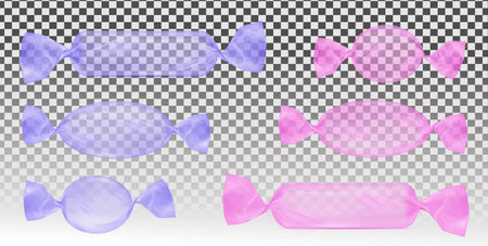 Transparent pink and violet foil food snack pack for candy and other products.のイラスト素材