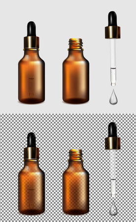 Brown glass transparent bottle. Gold cap with dropper.のイラスト素材