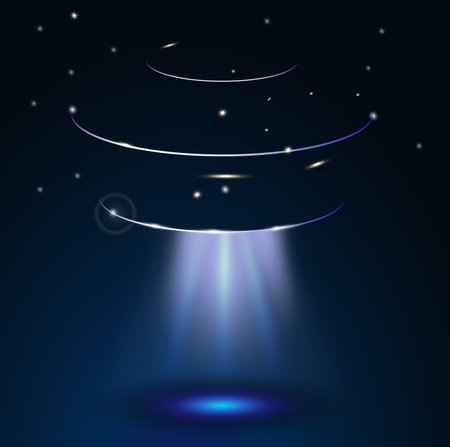 Unidentified flying object in the sky.  Space ship with transparent blue rayのイラスト素材