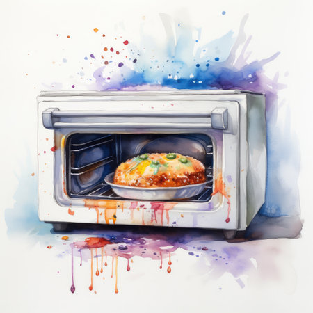 Cooking in the microwave. Watercolor painting on white background.の素材