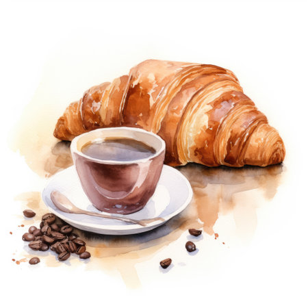 Coffee cup and croissant on a white background.の素材