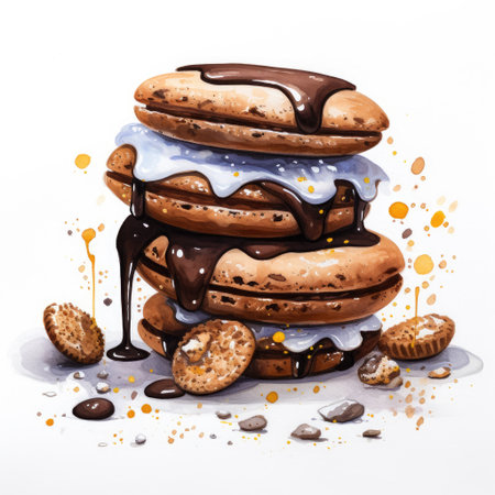 Hand drawn watercolor illustration of a stack of chocolate macaroons on white backgroundの素材