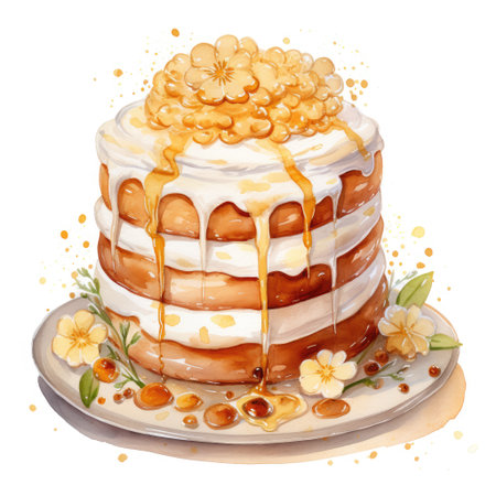 Watercolor illustration of a cake with honey and caramel on a white backgroundの素材