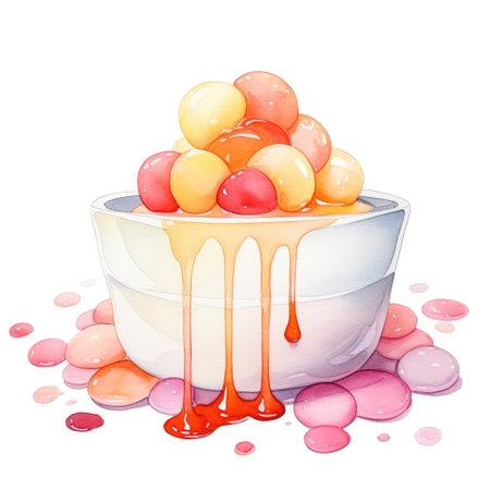 Candies in a bowl with syrup. Watercolor illustration.の素材