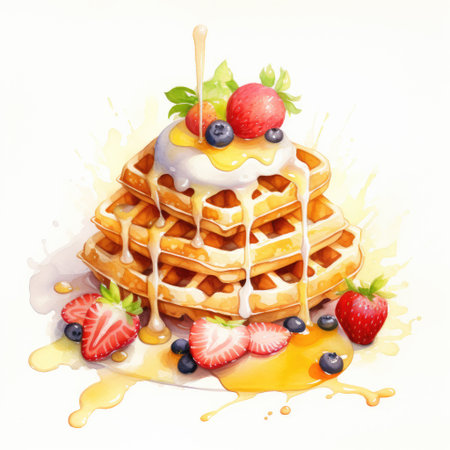 Watercolor illustration of Belgian waffles with ice cream and berriesの素材