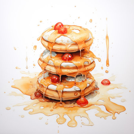 Pancakes with cherry and chocolate syrup on a white background.の素材