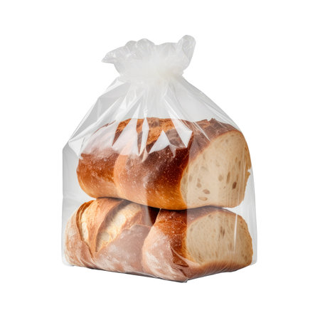 Bread in plastic bag isolated on white backgroundの素材
