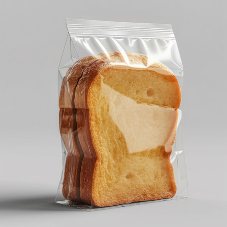 bread in plastic bag package isolated on gray backgroundの素材
