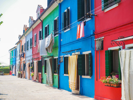 Venice landmark, Burano island canal, colorful houses and boats, Italy Europeの写真素材